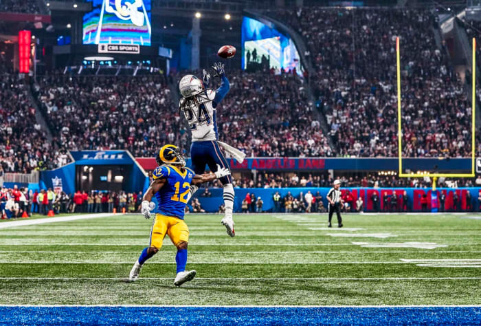 Stephon Gilmore leaps for an interception against the Rams in Super Bowl LIII